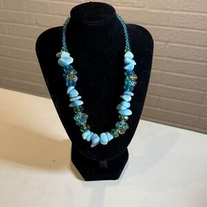 Teal Stone Chip Bead Necklace Turquoise Flower Green Crystal Accent Jewelry